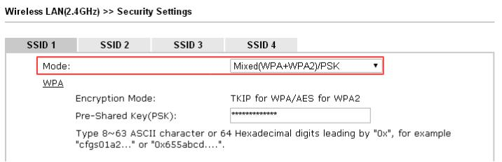 a screenshot of DrayOS Wirleless Security Settings